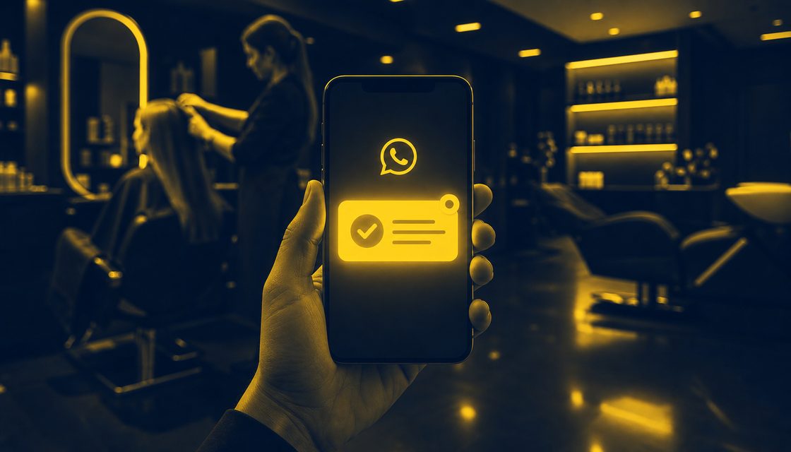 Profissional de salão de beleza atendendo cliente, com celular em primeiro plano mostrando confirmação de agendamento pelo WhatsApp